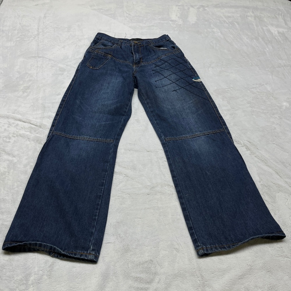VTG Rocawear Game Hunters Boys Jeans 16 Dark Blue Heavy Embroidered Wide Leg Y2K